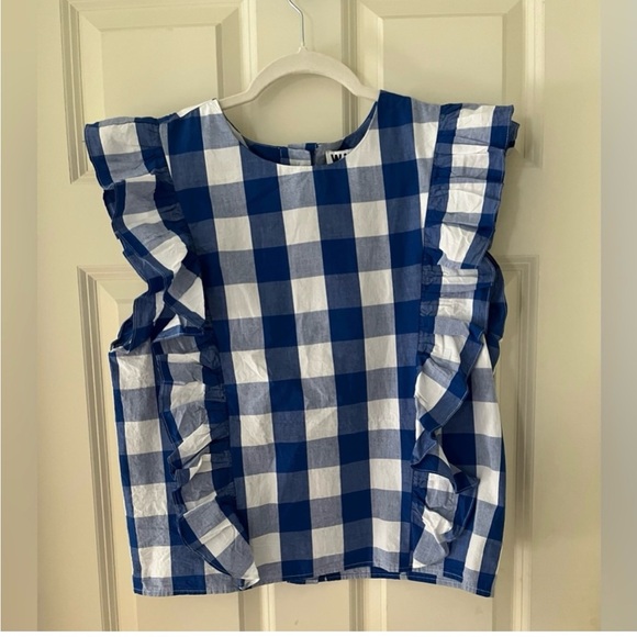 Anthropologie Tops - NWT Anthropologie Whit Two Cascade Ruffled Blouse- blue/white gingham size M
